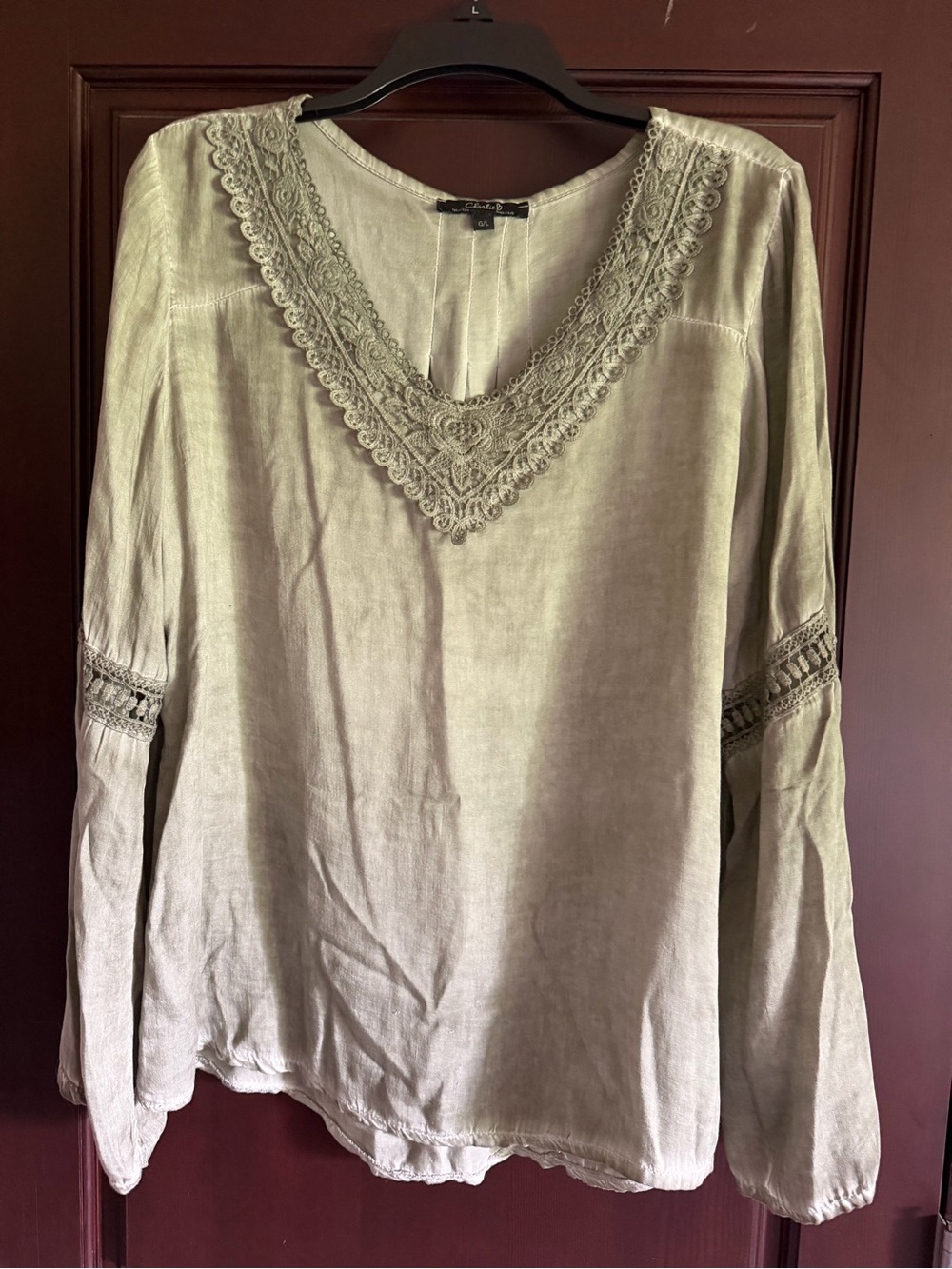 CHARLIE B Olive Lace V-Neck Long Sleeve Blouse